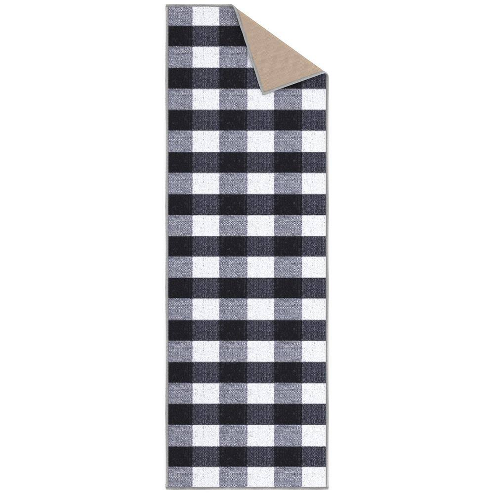 Black and White Checkered Synthetic Runner Rug, 20" x 59"