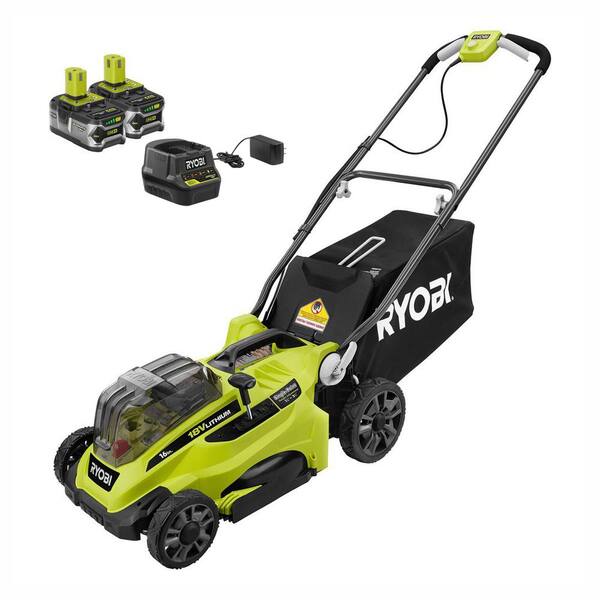 RYOBI ONE+ 18V 16 in. Cordless Battery Walk Behind Push Lawn Mower - (2) 4.0 Ah Batteries & Charger