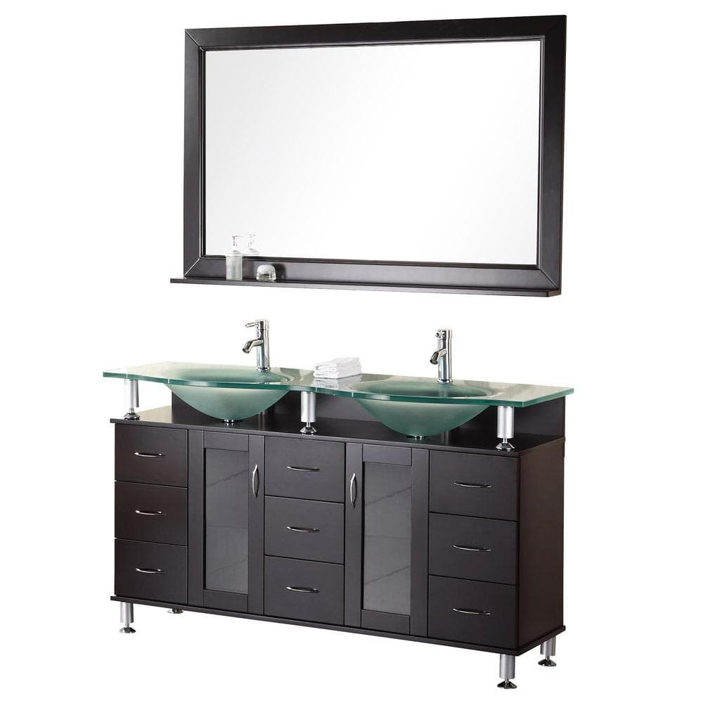 Design Element Redondo 60 In W X 22 In D Vanity In Espresso With Glass Vanity Top And Mirror In Aqua Dec015d The Home Depot