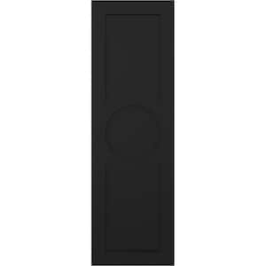 12 in. x 50 in. True Fit PVC Center Circle Arts & Crafts Fixed Mount Flat Panel Shutters Pair in Black
