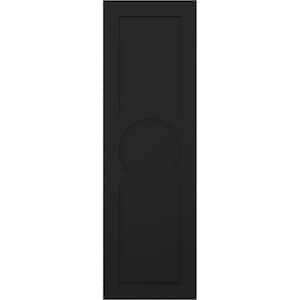 15 in. x 35 in. True Fit PVC Center Circle Arts & Crafts Fixed Mount Flat Panel Shutters Pair in Black