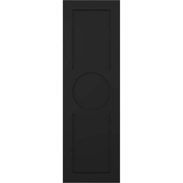 Ekena Millwork 15 in. x 38 in. True Fit PVC Center Circle Arts and Crafts Fixed Mount Flat Panel Shutters Pair in Black