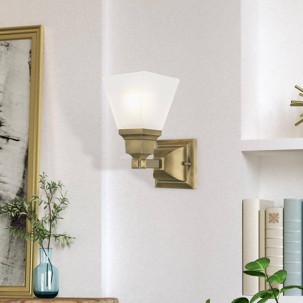 Antique Brass Wall Sconce with Satin Glass Shade