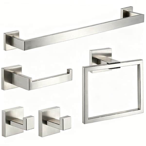 Wall Mounted 5-Piece Bath Hardware Set with 24 in. Towel Bar TP Holder Towel Ring Towel Hooks in Brushed Nickel
