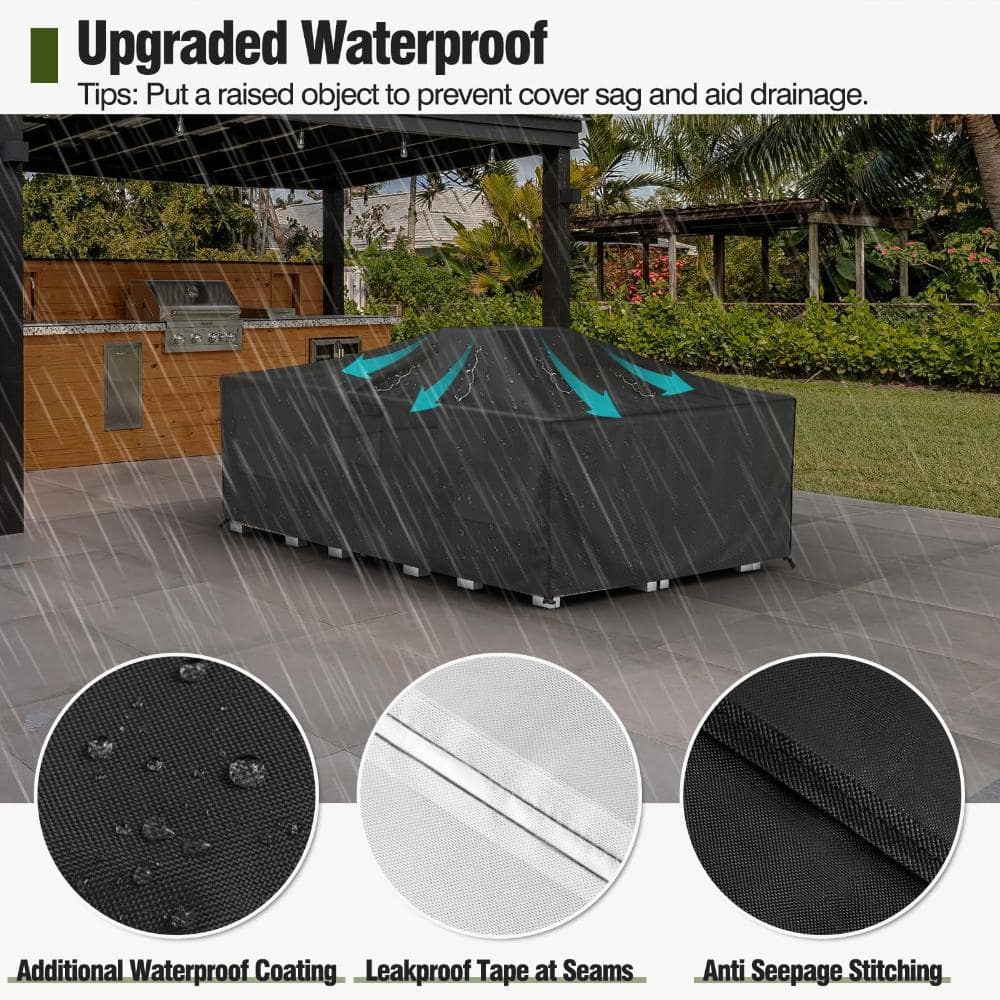 Infographic showing the waterproof features of the black patio furniture cover.