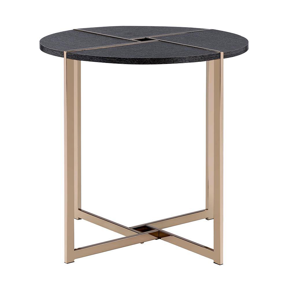 Bromia 24" Round Black Wood and Champagne Metal End Table