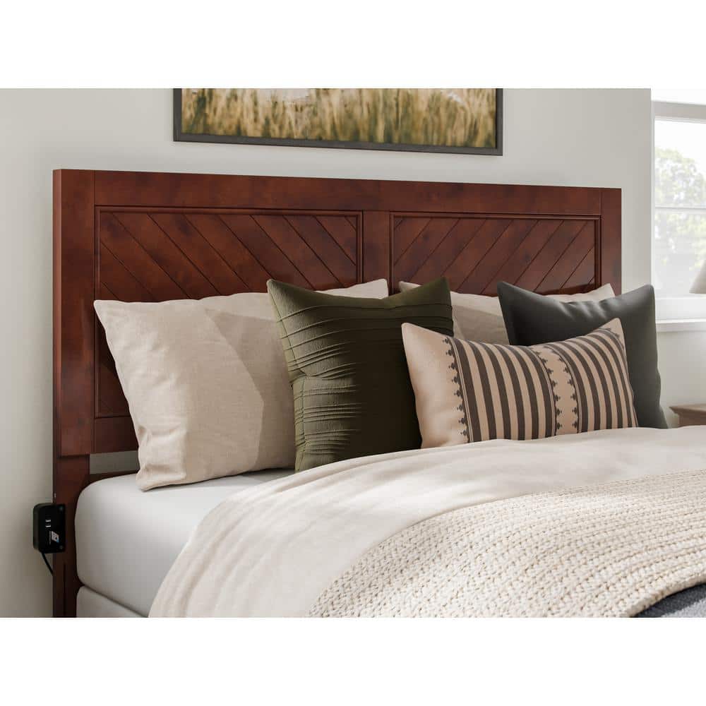 Canyon Walnut Wood Queen Bed Frame with Chevron Headboard