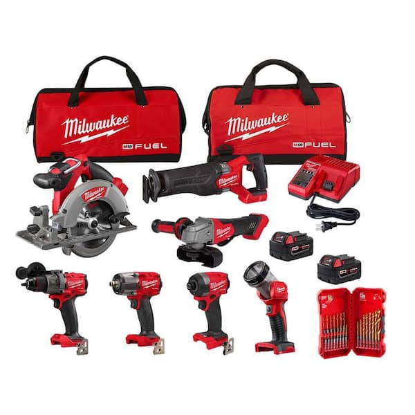 M18 FUEL 18V Lith-Ion Brushless Cordless Combo Kit w/ Two 5.0 Ah Batteries, Charger, Tool Bag, & Drill Bit Set (7-Tool)