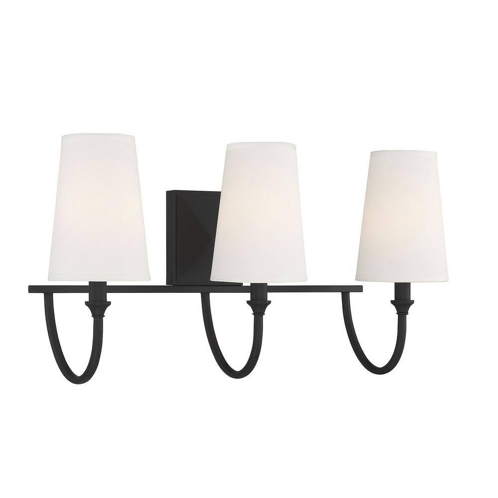 Matte Black 3-Light Bathroom Vanity with White Fabric Shades