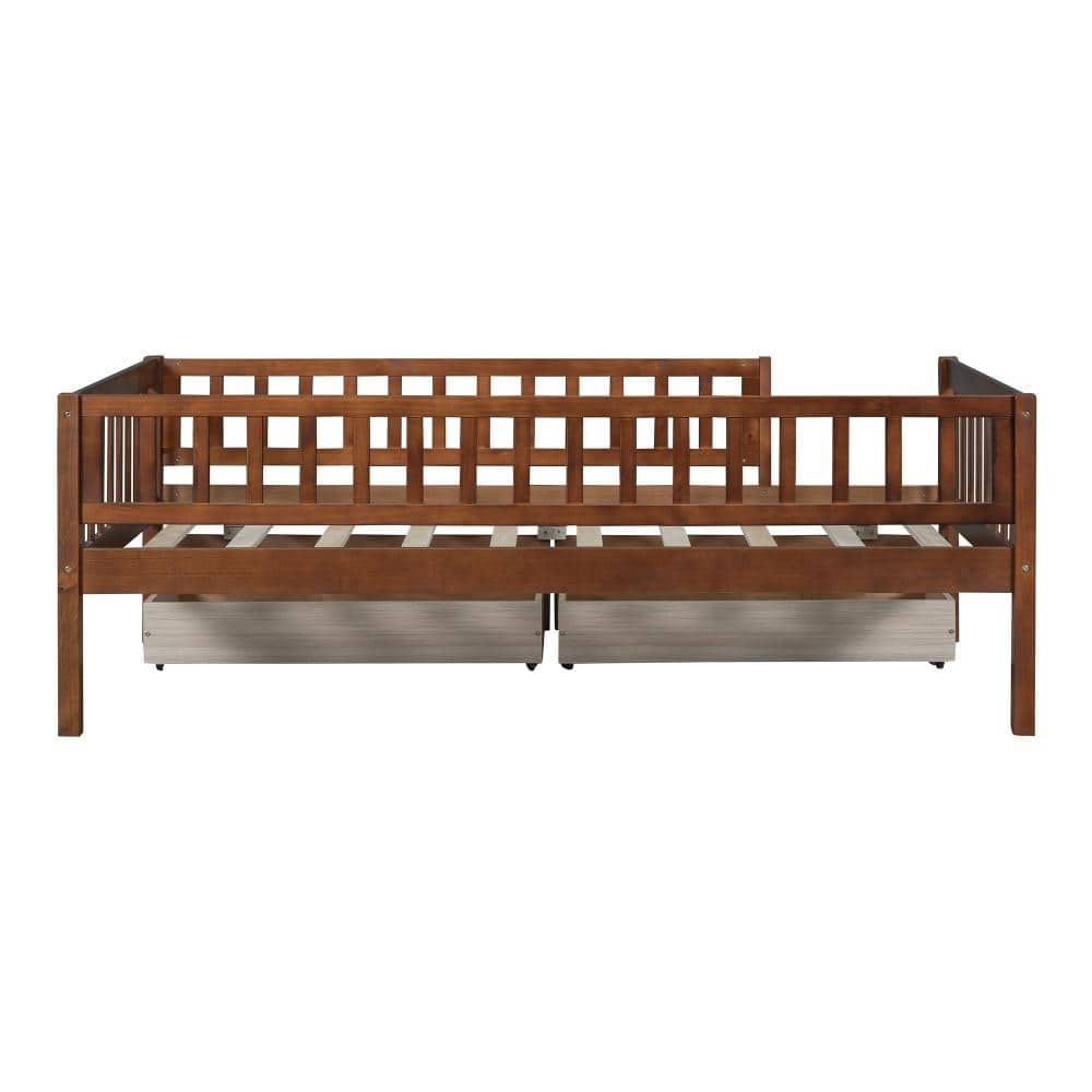 Walnut Solid Wood Twin Frame Platform Bed with Two Drawers and Storage, Daybed Design durable construction