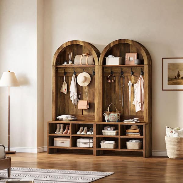 Carmalita Brown 70.9 in. Tall Arched Hall Tree Coat Rack with Entryway Bench, Shoe Storage, 5 Hooks, Mudroom, Entryway