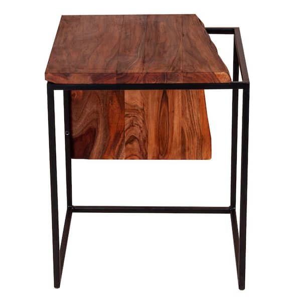 THE URBAN PORT 21 In. Brown and Black Mary Wooden End Table with Live Edge and Metal Base