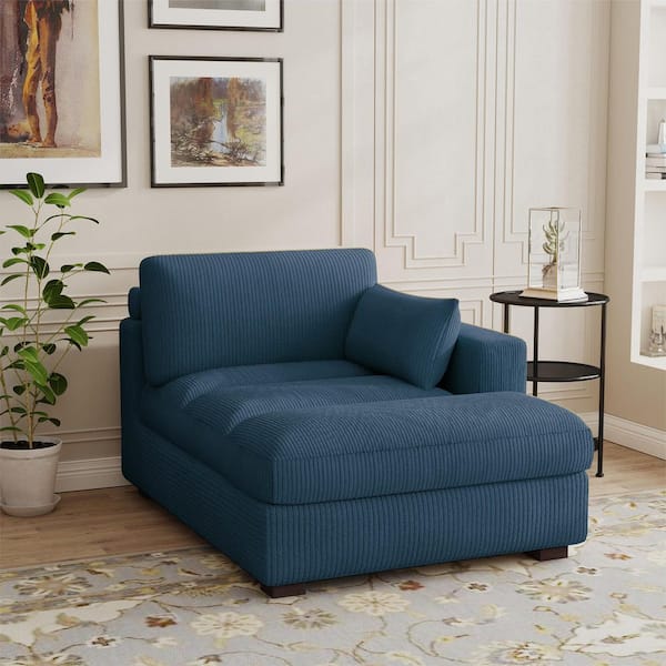 Modern Right Arm Facing Navy Blue Corduroy Polyester Upholstered Tufted Chaise Lounge with Wood Frame and 1-Pillow