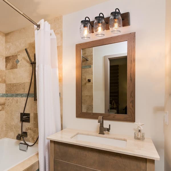 LNC Farmhouse Bathroom Vanity Light 3-Light Black Powder Room Wall Sconce with Faux Wood Accents Clear Mason Jar Shades IR2IRZHD13551P6