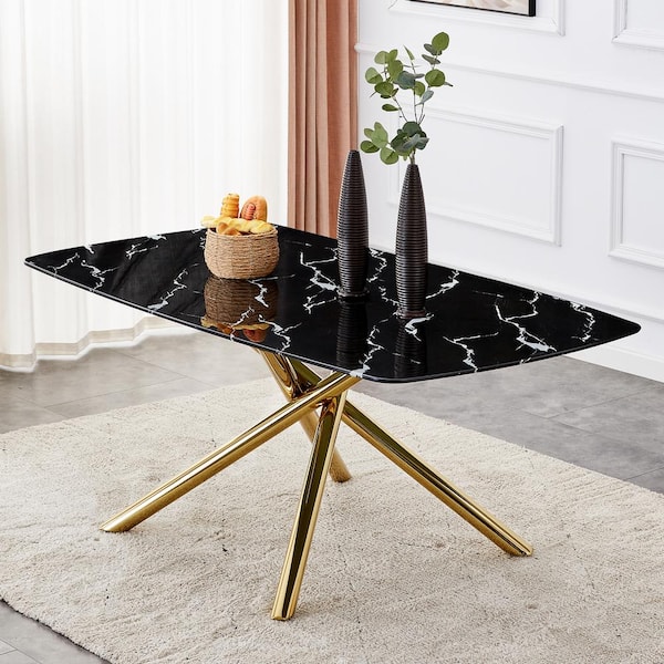 Polibi Black Tempering Glass Top Material 70.87 in. Golden Cross Legs Table Base Type Dining Table Seats 6 MB B39TS B The Home Depot