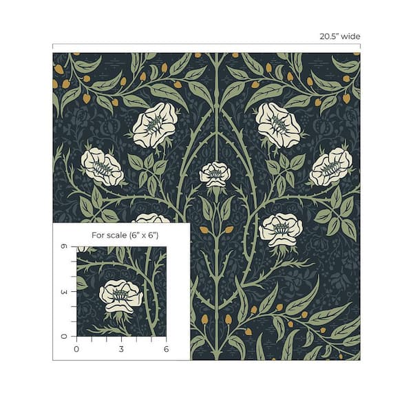 Seabrook Designs Navy and Sage Stenciled Floral Pre-Pasted Paper