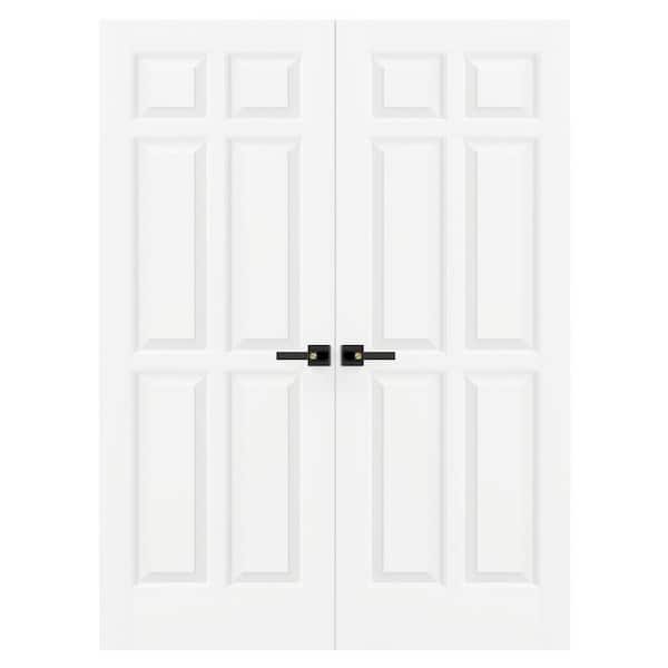 TENONER 60 in. x 80 in. MDF, Composite, Pre-assembled Panel, Primed, White, 6 Panel Interior Door Slab With Black Lever Handle