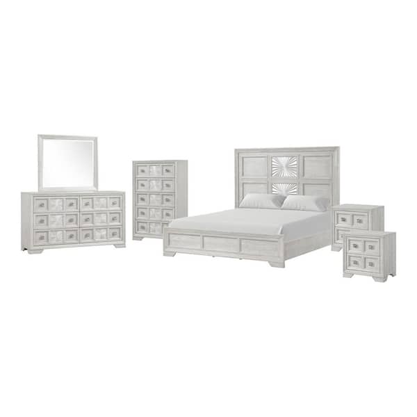 Artello 6-Piece Light Gray Wood Frame King Panel Bedroom Set with Sunburst Pattern, Zinc Alloy Hardware, Bracketed Feet