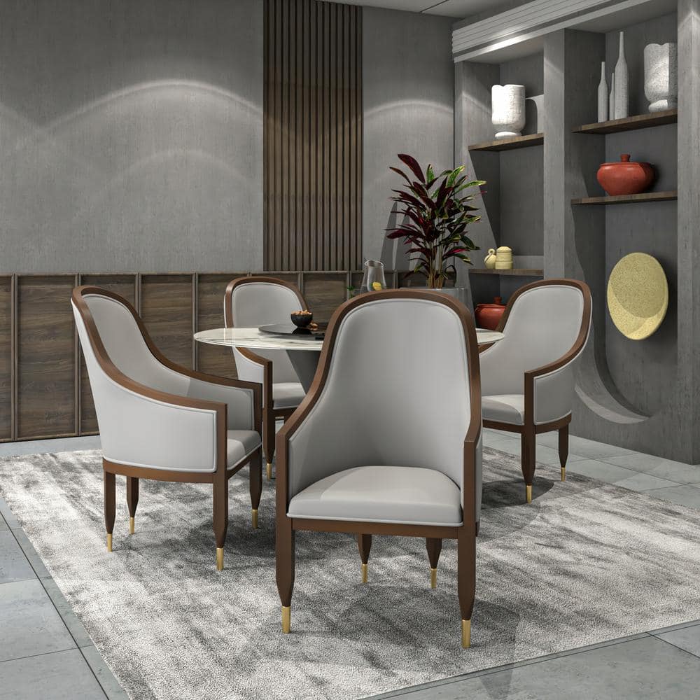 Light Grey Leather Upholstered Arm Chair with Wood Frame