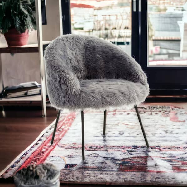 HomeRoots Amelia 31.5 in. Gray and Black Faux Fur Arm Chair