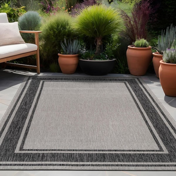 Essence Silver/Black 10 ft. x 14 ft. Bordered Easy to Clean Indoor Outdoor Area Rug