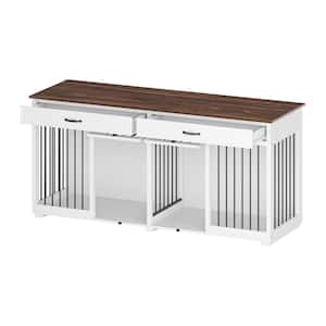 Modern Large Dog Crate Furniture with 2 Drawers, Indestructible Dog Kennel with Removable Irons for 2 Medium Dogs, White