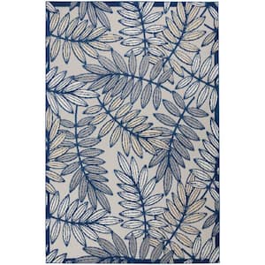 Aloha Ivory/Navy 5 ft. x 7 ft. Floral Modern Indoor/Outdoor Patio Area Rug