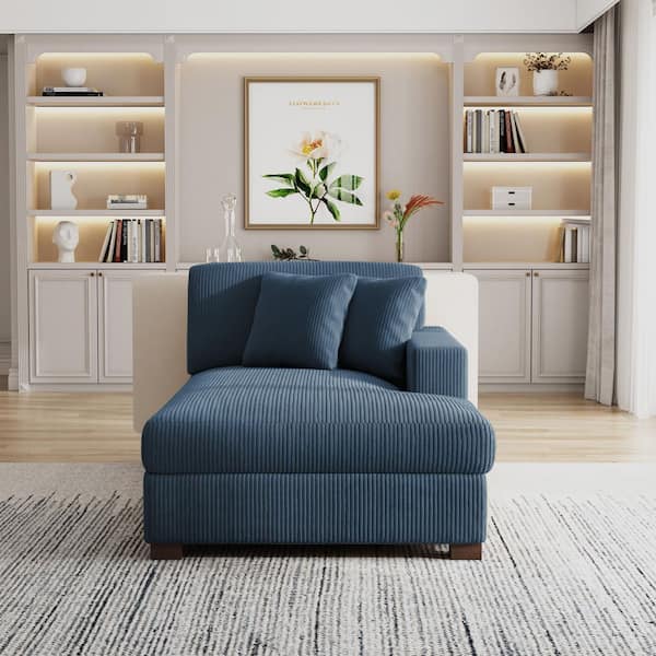 Navy Blue Corduroy Polyester Right Arm Facing Sectional Chaise Lounge with Wood Legs (Set of 1)