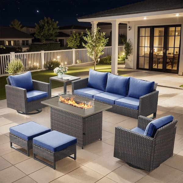 U-Foot 7-Piece Brown Wicker Fire Pit Conversation Set with Olefin Blue Cushions and Swivel Glider Chairs/Couch