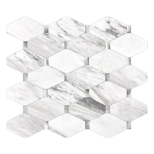 MURELLA White Carrera Brushed Silver 11.22 in. x 11.90 in. Metal Peel and Stick Backsplash Tile (0.9 sq. ft./pack)