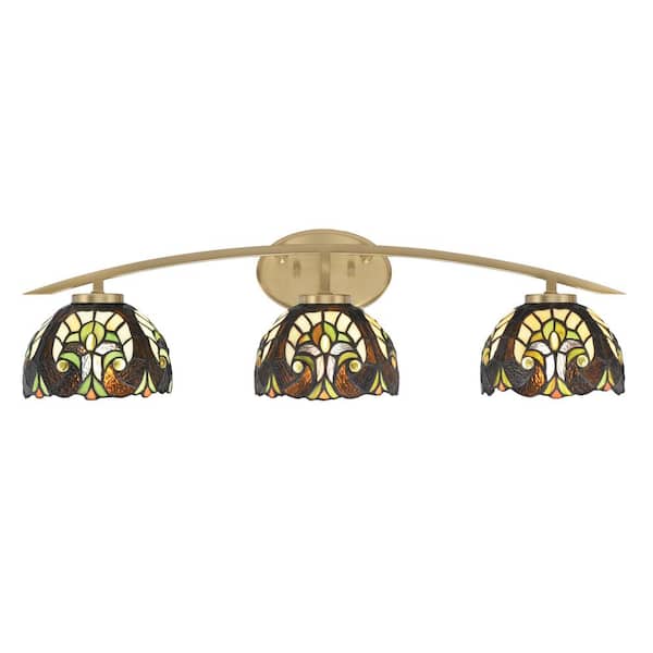 Unbranded Siena 29 in. 3-Light Vanity Light New Age Brass with Ivory Cypress Art Glass Shades