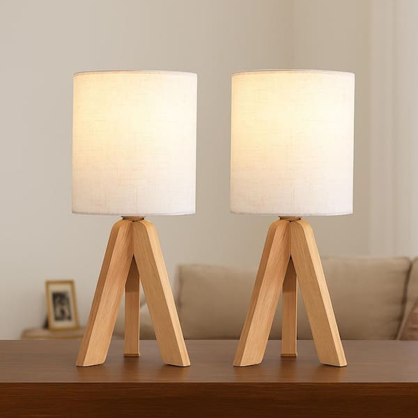 15 in. Beige Solid Wood Tripod Table Lamp (Set of 2)