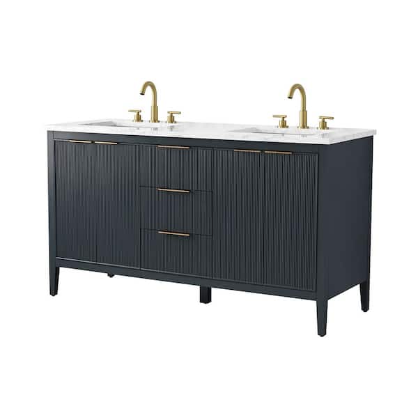Emma 60 in. W Bath Vanity in Vintage Blue with Engineered Stone Top in Arabescato with White Sinks