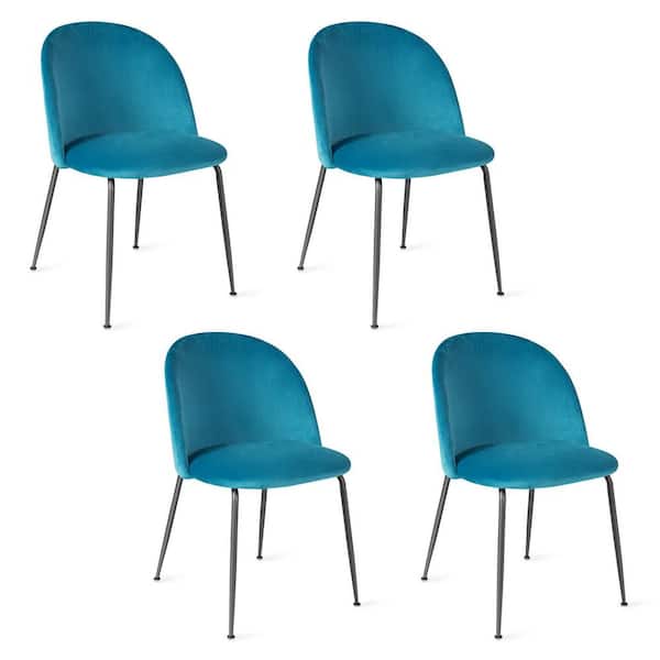 Gymax Teal Blue Dining Chair Set of 4 Upholstered Velvet Chair Set with Metal Base for Living Room