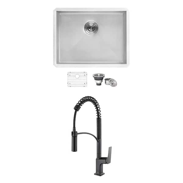 Seneca Matte Black Kitchen Faucet and Savona 21 in. Laundry Sink Combo