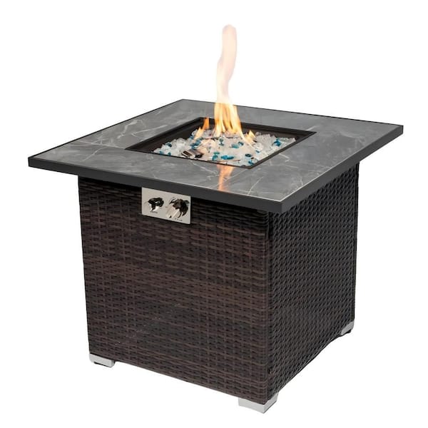 30 in. 50000 BTU Propane Fire Pit Table, Square Black Patio/Deck/Garden Heater with Marble Tile Tabletop & Wicker Base