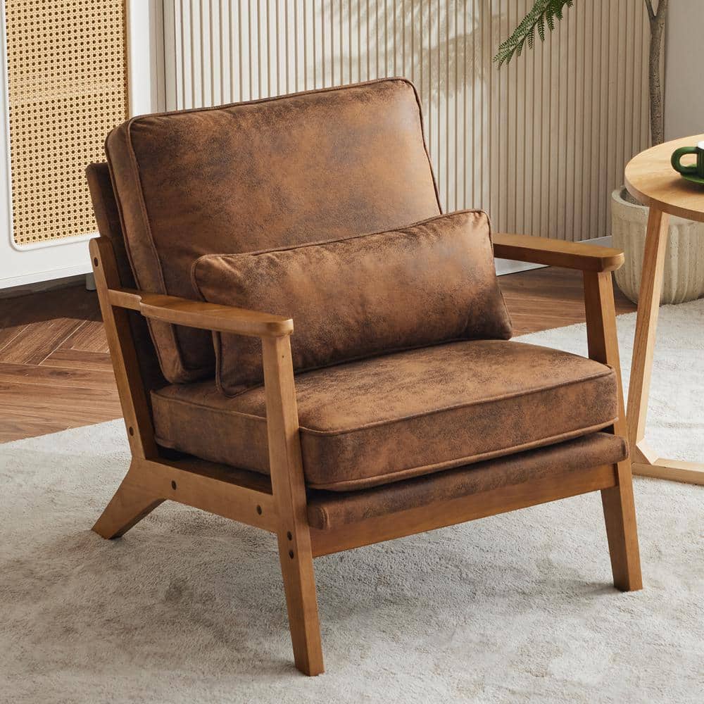 Brown Suede Wood Frame Mid-Century Modern Accent Chair