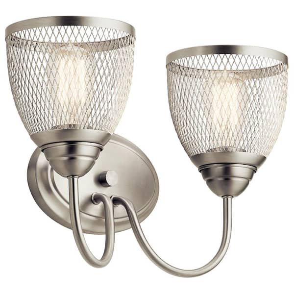 Voclain 16 in. 2-Light Brushed Nickel Vintage Bathroom Vanity Light with Mesh Shade