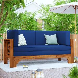 Patio Extendable Wooden Sofa Natural Acacia Wood Outdoor Loveseat Sofa, Daybed for Balcony, Poolside with Blue Cushion