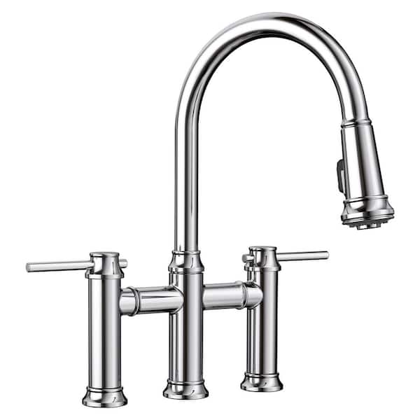 Empressa 2 Handle Gooseneck Bridge Kitchen Faucet with Pull-Down Sprayer in Polished Chrome