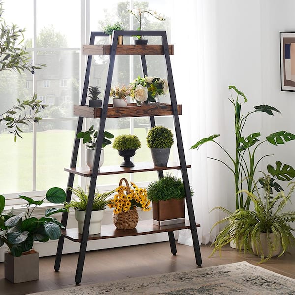 13 in. W 4-Tier Metal Ladder Shelf, Multifunctional Ladder Bookshelf Plant Flower Stand Storage Rack Shelves Bookcase