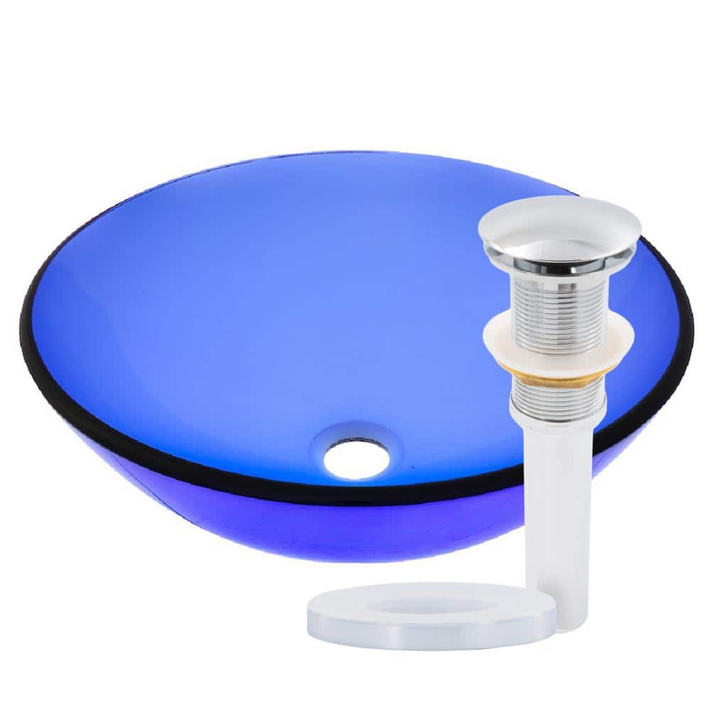 Novatto Blu Glass Vessel Sink in Blue with Drain Assembly in Chrome TIG