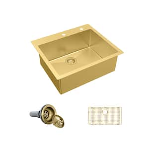 25 in. Drop-In Single Bowl 18-Gauge Gold Stainless Steel Kitchen Sink with Accessories
