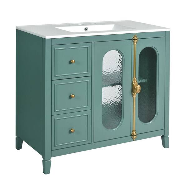 36 in. 1-Sink Freestanding Lake Green Bath Vanity with White Ceramic Top and 2 Soft-Close Doors, 3 Drawers