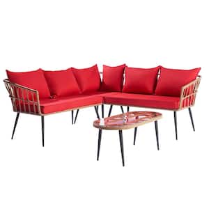 3 of Pieces Outdoor Rope Wicker Sofa Patio Furniture, L-Shaped with Table in Red Cushions