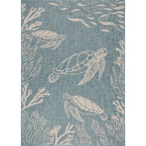 Naira Tropical Aqua Blue/White 5 ft. 3 in. x 7 ft. Turtle Reef Polypropylene Indoor/Outdoor Area Rug