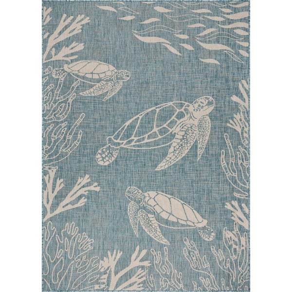 LR Home Naira Tropical Aqua Blue/White 7 ft. 6 in. x 9 ft. 5 in. Turtle Reef Polypropylene Indoor/Outdoor Area Rug