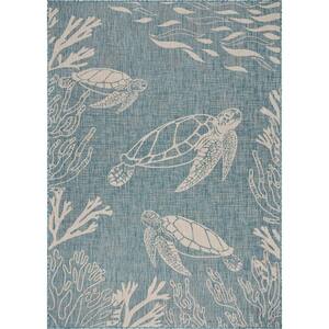Tropical Blue/White 7 ft. 6 in. x 9 ft. 5 in. Turtle Reef Polypropylene Indoor/Outdoor Area Rug