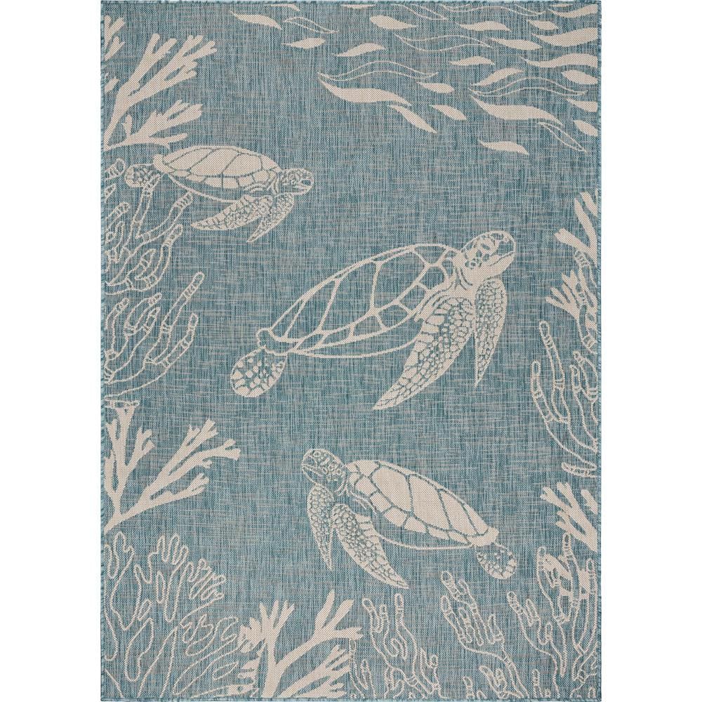 Naira Tropical Aqua Blue/White 5 ft. 3 in. x 7 ft. Turtle Reef