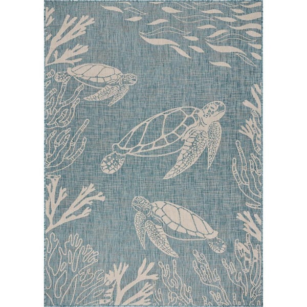 Naira Tropical Aqua Blue/White 5 ft. 3 in. x 7 ft. Turtle Reef Polypropylene Indoor/Outdoor Area Rug